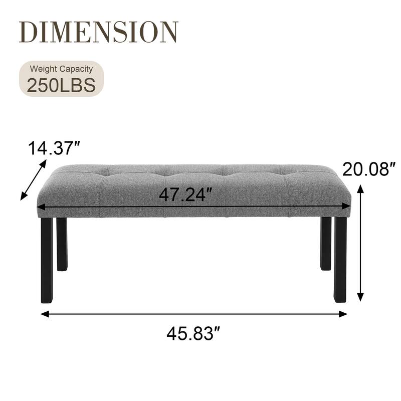 Modern Tufted Linen Dining Bench, Farmhouse Upholstered Entryway Bench with Black Rubber Wood Legs