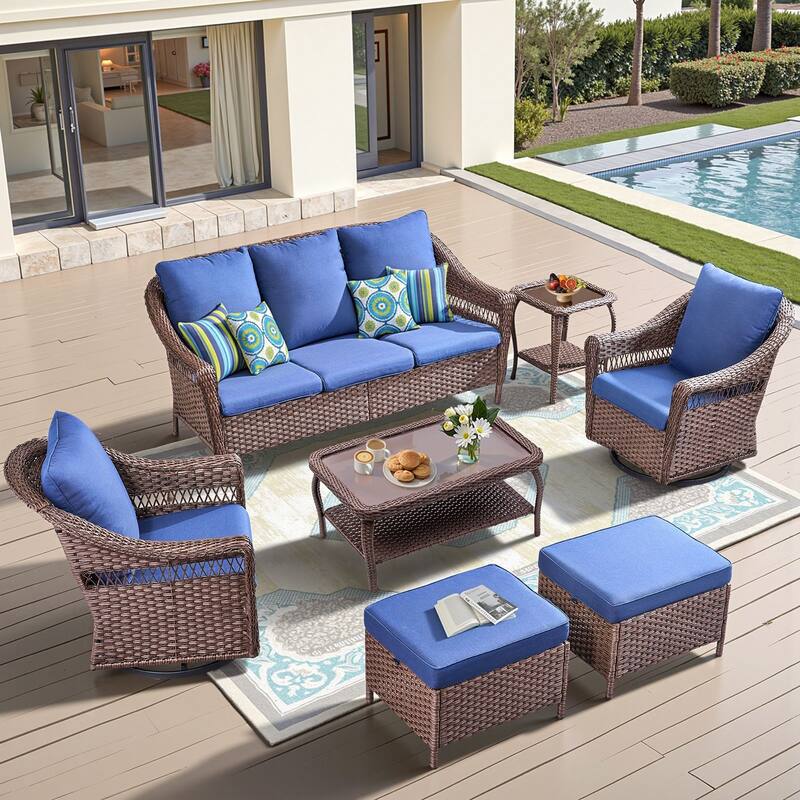 Pocassy 7 Pieces Sofa Swivel Chair Table with Ottomans - Brown & Blue