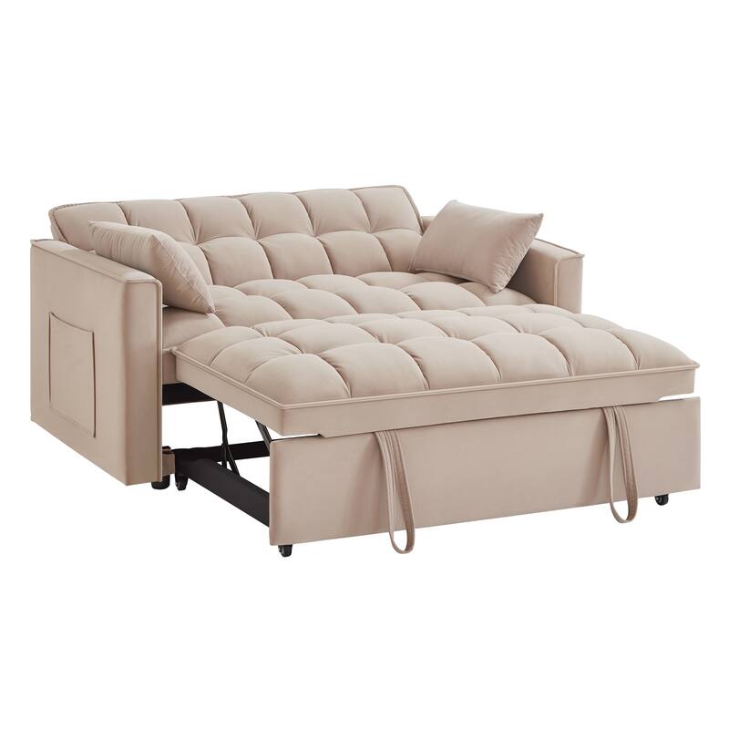 Taupe Modern 52.5" Velvet 4 in1 Loveseat Multi-Function Tufted Pull-Out Sofa Bed with Adjustable Backrest and Pillows