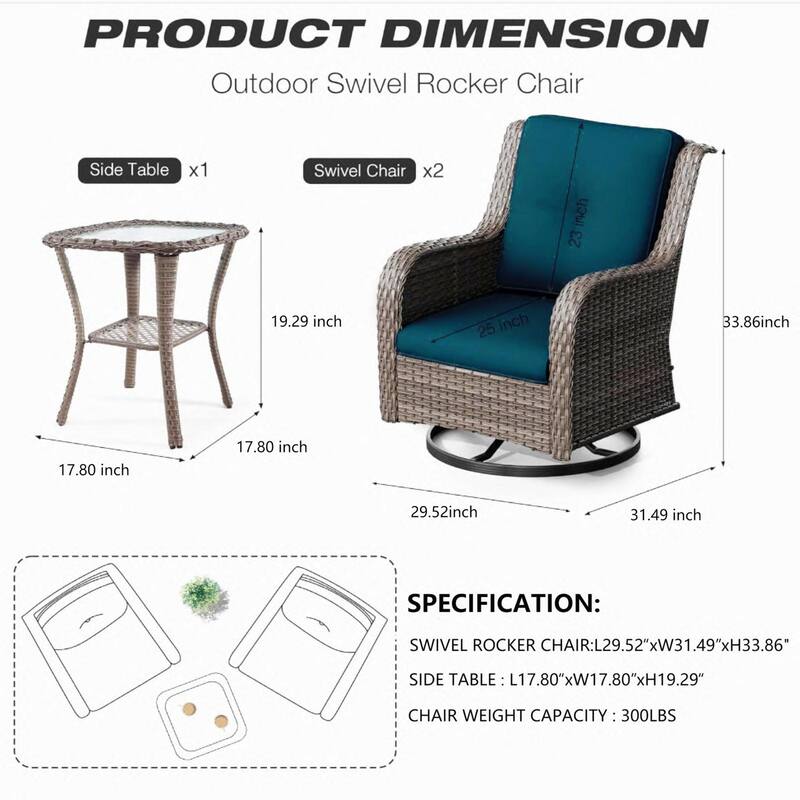All Weather Outdoor Rocking Swivel Chairs 3 Pieces Patio Conversation Furniture Set with Wicker Swivel Chairs and Side Table