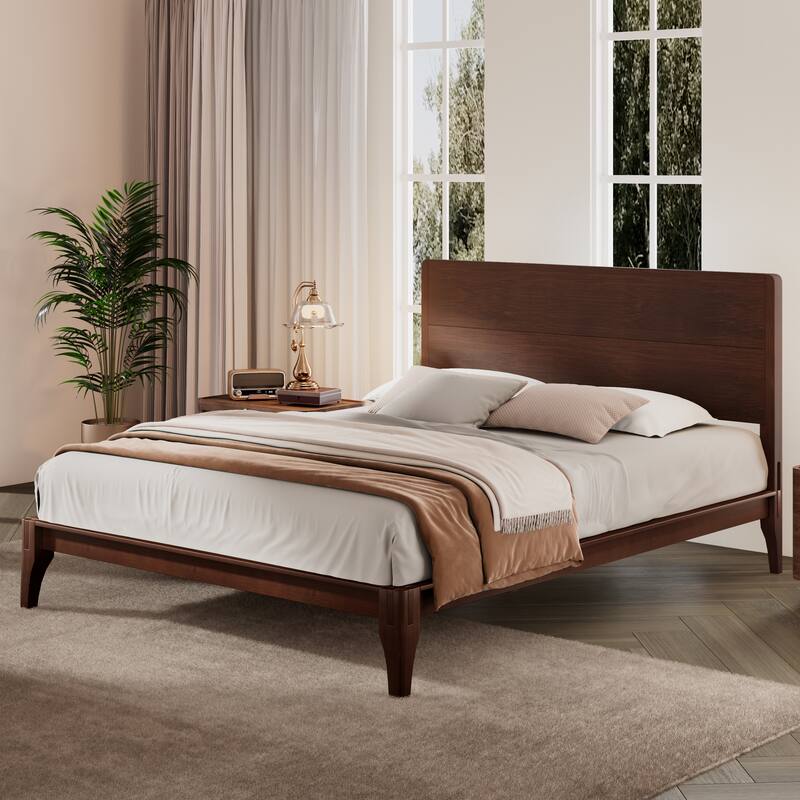 Full/Queen/King Bamboo Platform Bed, Mid-Century Modern Bed Frame with Tall Headboard, Wood Slat Support, No Box Spring Needed