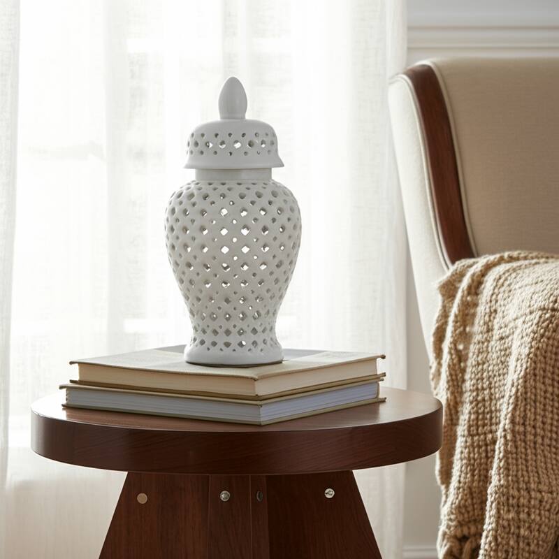 Modern Decorative Jar with Glossy Ceramic and Pierced Cutout Desig