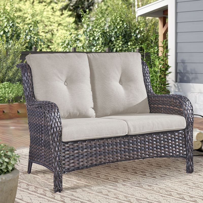 Outdoor Patio Wicker Loveseat Sofa - 2-Seater Rattan Sofa - Brown - Beige