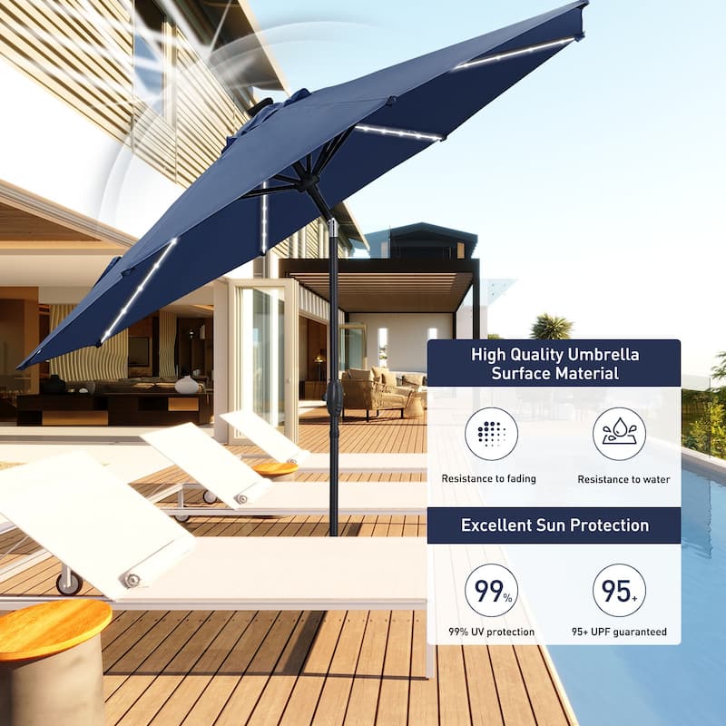 Ainfox 10ft Solar Patio Umbrella 40 LED Lighted and Umbrella Base, Strip Lights Outdoor Market Table Umbrella