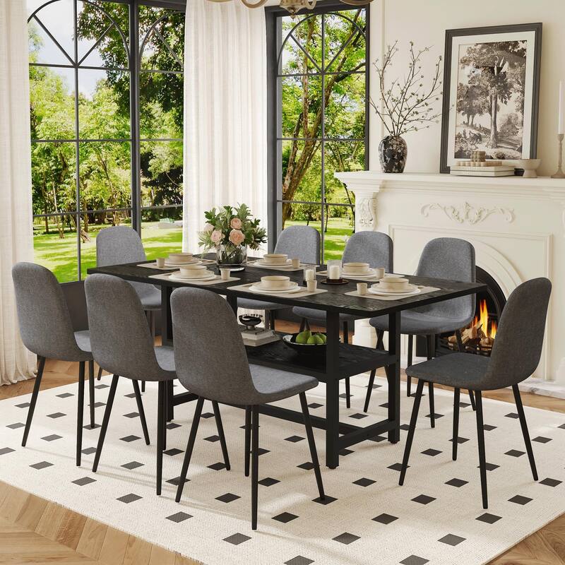 9-Piece Modern Dining Table Set with Storage, 71x35.4 Inch Wood Grain Table & 8 High-Resilience Fabric Chairs - Black,Dark Gray