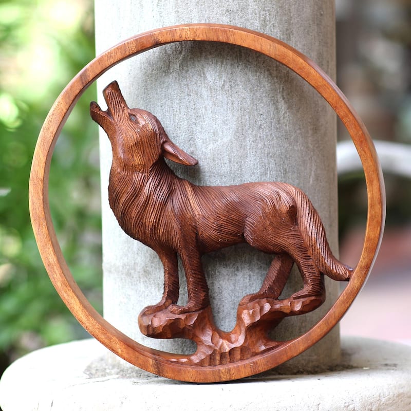 Novica Handmade Baying Wolf Wood Relief Panel