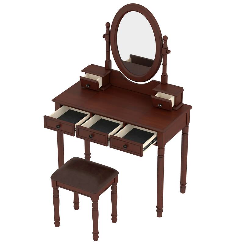 Vintage Vanity Desk Set with Adjustable Mirror - Wooden Makeup Table & Velvet Stool, 5 Drawers for Bedroom