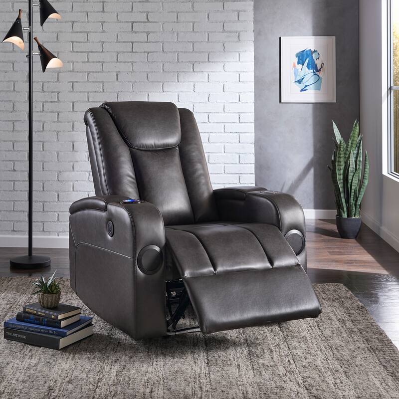 Terlingua Gray Vegan Leather LED Power Recliner with Speaker, Storage, USB and Wireless Charger by iNSPIRE Q Classic