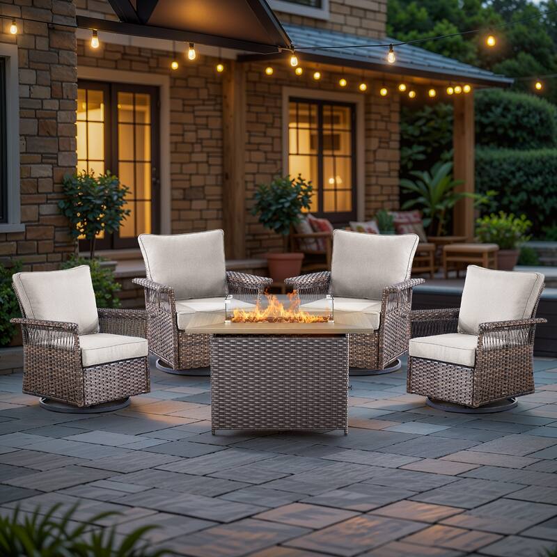 Pocassy 41 in Fire Pit Table with Patio Swivel Chair Set - Brown Wicker Beige Cushion - 5-Piece Swivel Chair with Fire Pit Table