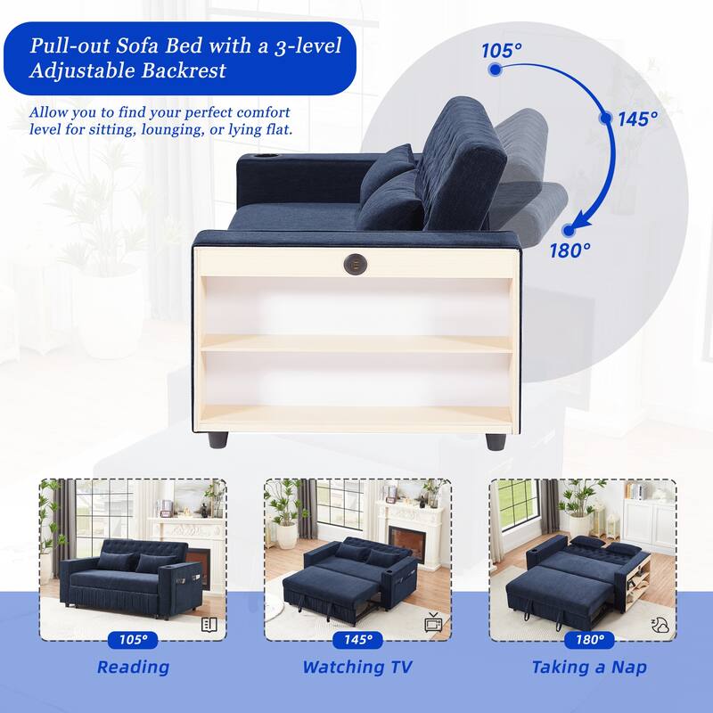 61.41" Chenille Convertible Sofa Bed with Adjustable Backrest, USB & Cup Holders