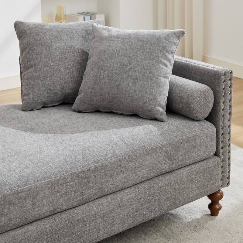 Roomfitters 75.2" Upholstered Chaise Lounge with Nailheads, Chenille Daybed Sleeper Sofa with 6 Pillows, Gray