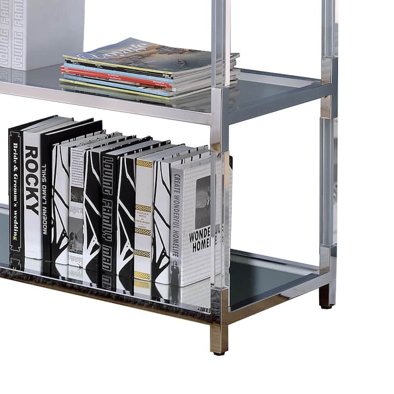 Metal and Glass Sofa Table with 2 Open Shelves, Silver and Clear