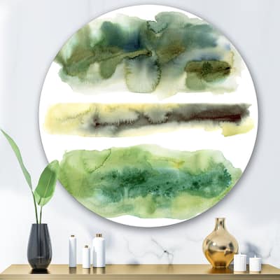 Designart 'Golden Green Abstract Clouds With Blue Points III' Modern Metal Circle Wall Art
