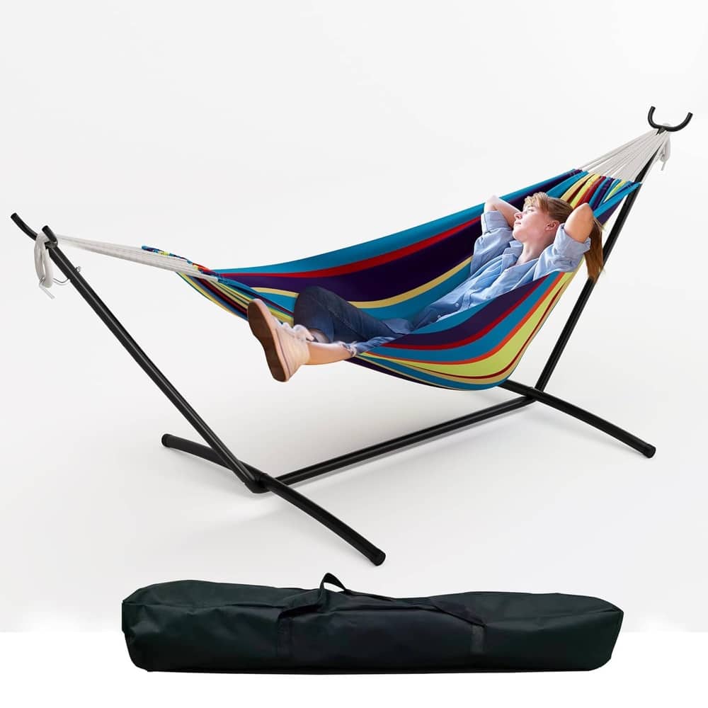 450lb Large Capacity Double Hammock with Steel Stand with Carry Bag for Patio Backyard Poolside