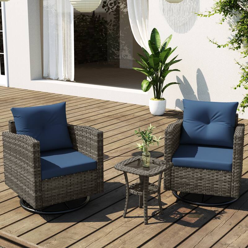 Outdoor 3-piece Swivel Chair Cushioned Rattan Conversation Set - Blue