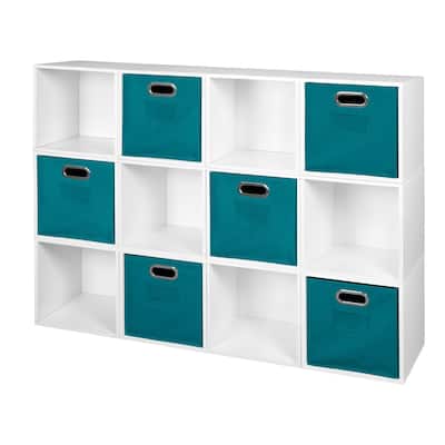 Noble Connect Storage Set - 12 Cubes and 6 Canvas Bins- White Wood Grain/Teal