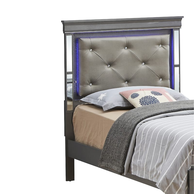 Jewel Tufted Upholstered Twin Panel Bed with LED Lights - 80" - Gray