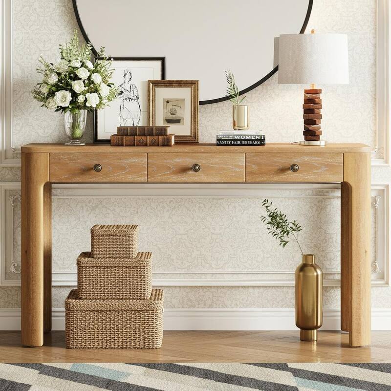 Rustic Console Table with 3 Hidden Drawers and Curved Safety Corners by Harper&Bright Designs