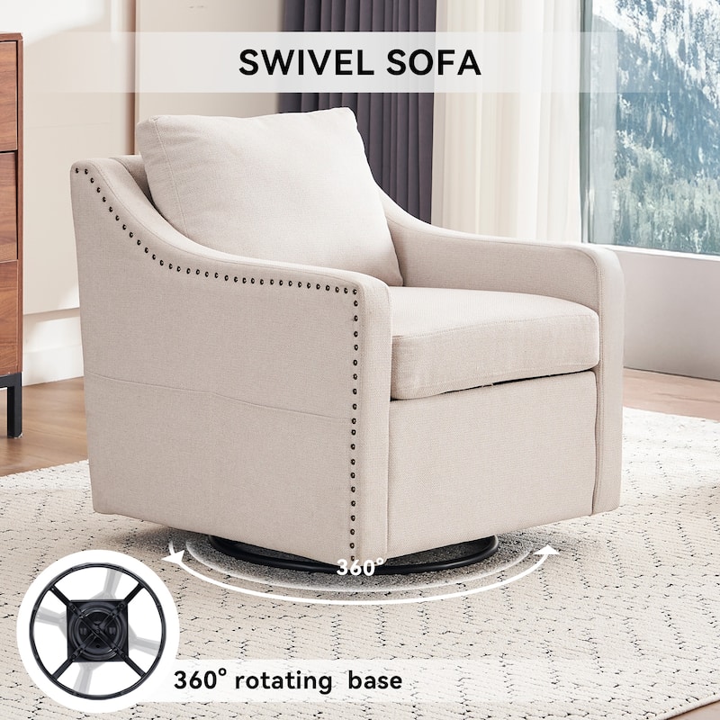 Linen Upholstered Swivel Accent Chair, Ergonomic Single Sofa Chair, Lounge Reading Chair with Nailhead Decor & Metal Base