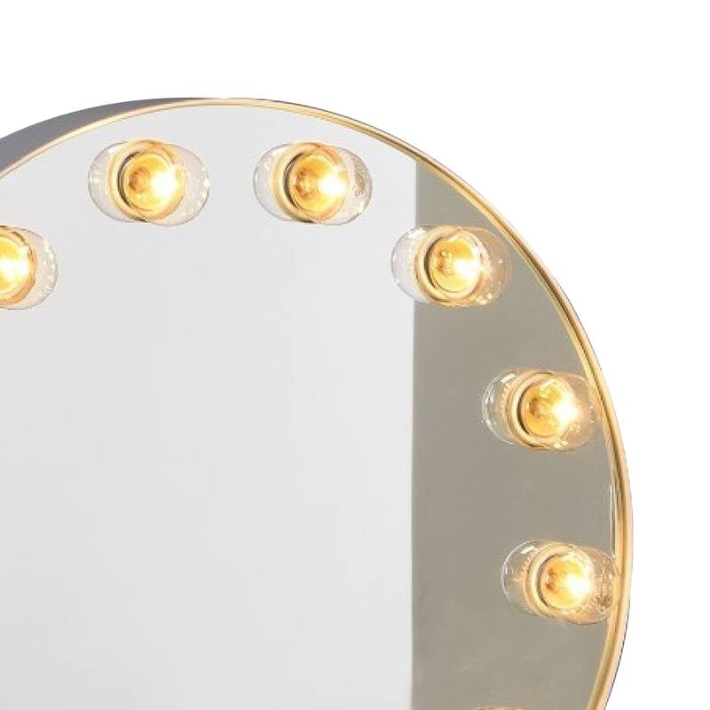 18 Inch Modern Round Accent Mirror, 10 Bulb Sockets, Glass Panel, Silver
