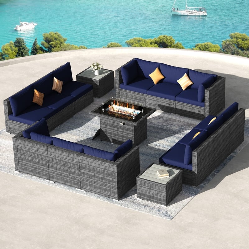 FINCATI 15-Piece Grey Wicker Patio Conversation Set with 43" Fire Pit