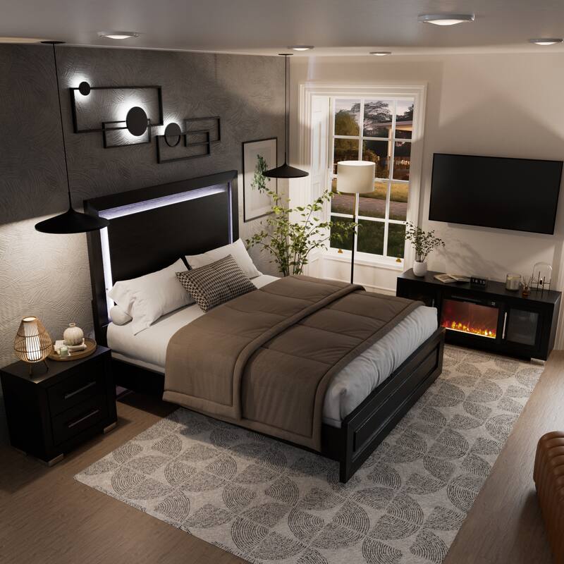 Furniture of America Alaric Modern Black Solid Wood 3-Piece Queen Bedroom Set with 60-inch Fireplace TV Stand and Nightstand - Black