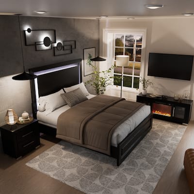 Furniture of America Alaric Modern Black Solid Wood 3-Piece Queen Bedroom Set with 60-inch Fireplace TV Stand and Nightstand