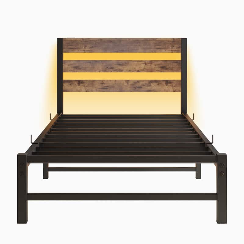 Beige+Brown Twin Size Metal Bed with Wooden Headboard, RGB Lights, and Storage Shelf