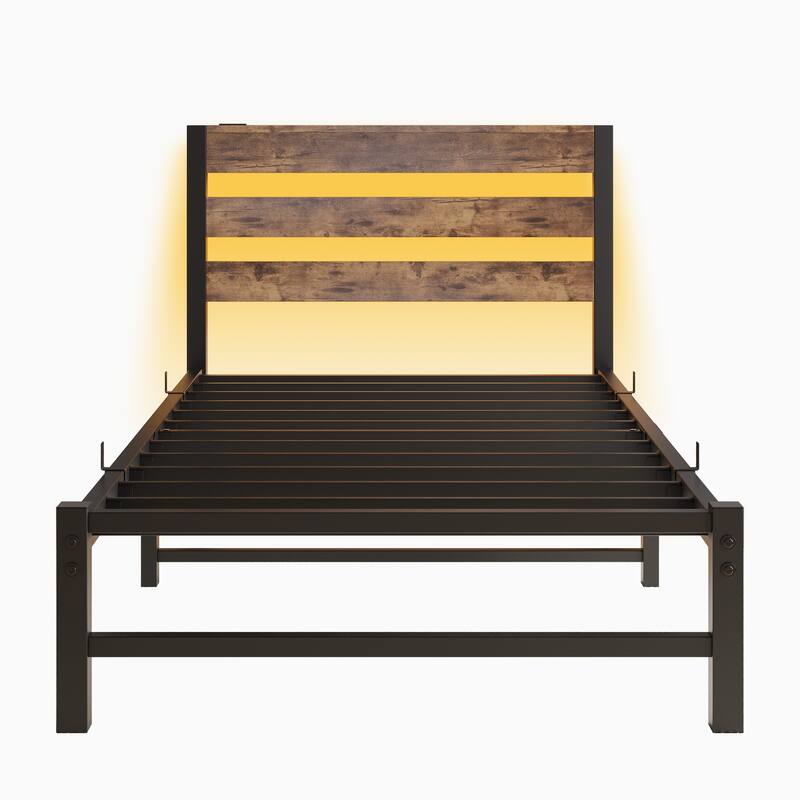 Modern Metal Bed with Wooden Headboard, RGB Lights & Storage Shelf
