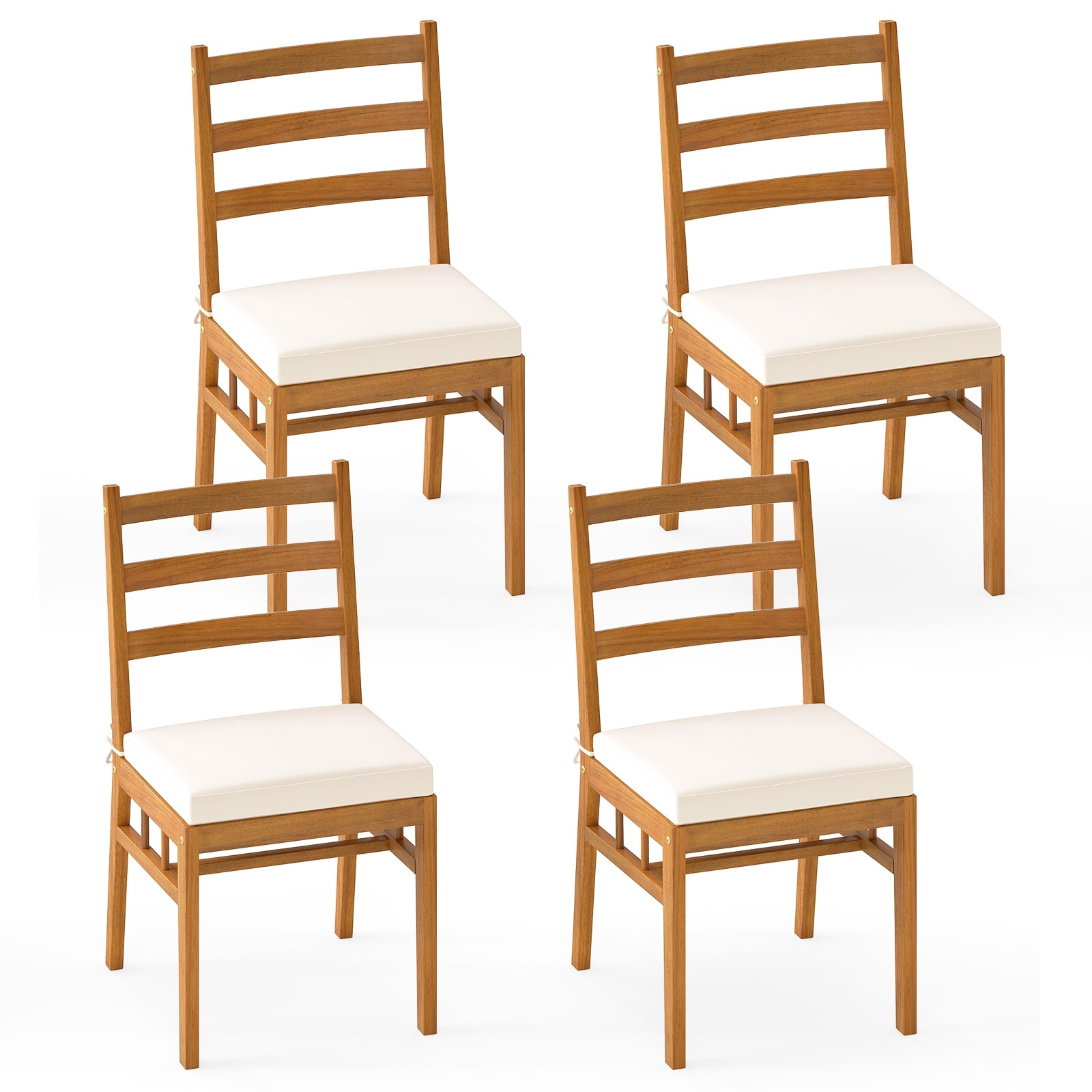 Gymax Solid Acacia Wood Patio Chair Set of 4 w/ Padded Seat Cushions