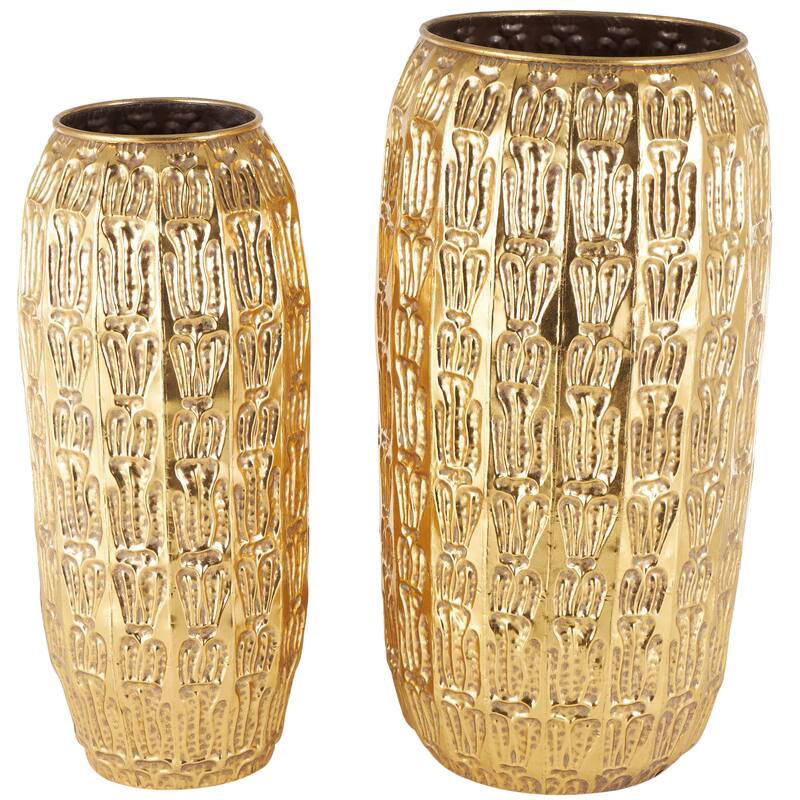 Gold Metal Tall Vase with Grooved Patterns (Set of 2)