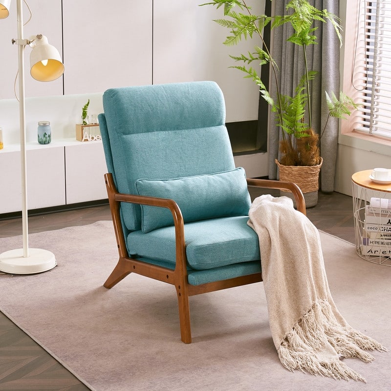 High Back Solid Wood Armrest Backrest Leisure Chair Accent Chair - Teal-Linen