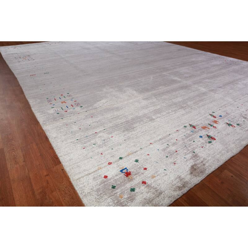 Hand Knotted Oriental 100% Wool Carpet Tribal Stripe Greys & Charcoal Gabbeh Area Rug - 12' 5'' X 9' 2''
