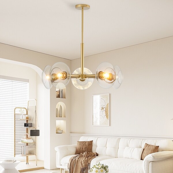 Modern Gold 5 Light Sputnik Chandelier with Clear Glass Shades Hanging Pendant Light Fixture for Dining Room Bulb Not Included