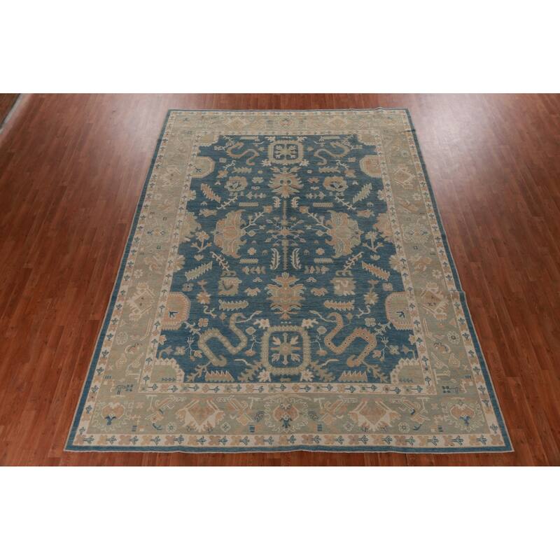 Hand Knotted Oriental 100% Wool Carpet Transitional All-Over Navy Blue & Blues Oushak Area Rug - 12' 0'' X 8' 9''
