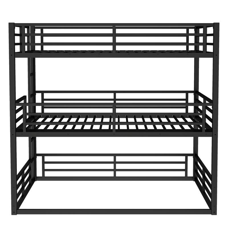 Metal Triple Bunk Bed with Safety Guardrails, Queen over Full XL over Queen, Black