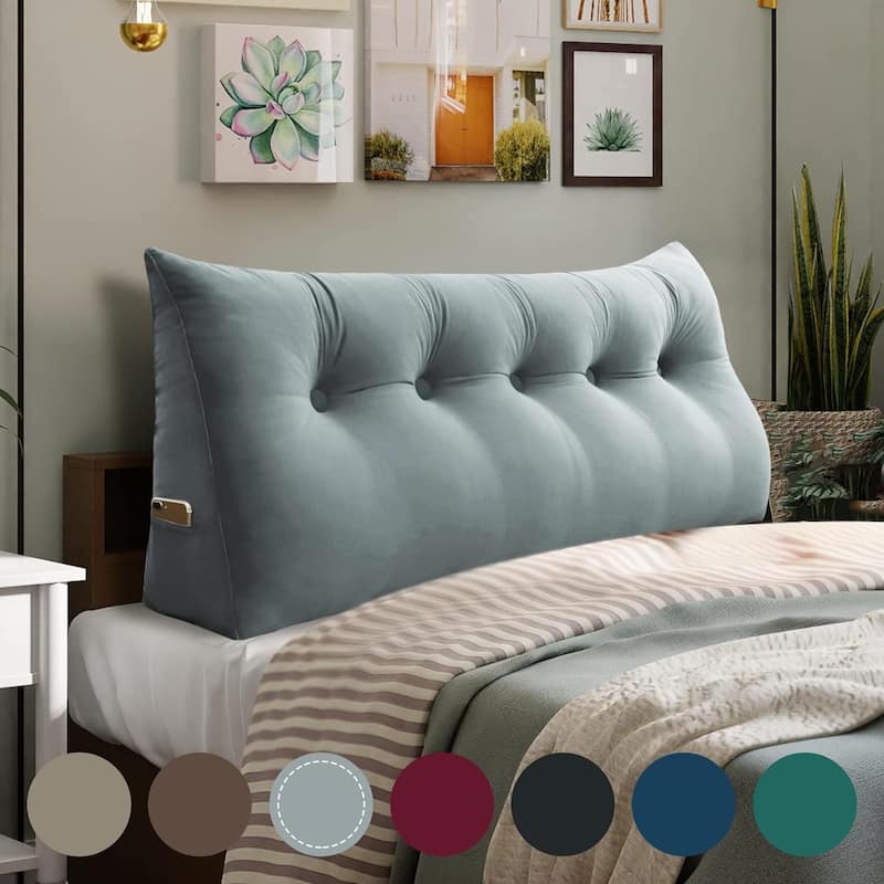 Velvet Headboard Reading Wedge Pillow for Bed Rest Sit Up Back Support - Queen - Grey