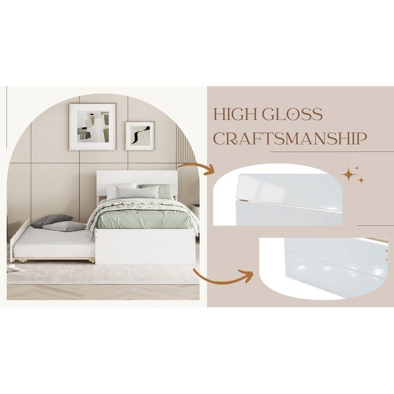 Twin Size Bed with Trundle Bed, Wooden Platform Bed Frame with Headboard and Twin Size Trundle Bed, for Girls Boys Teens Adults