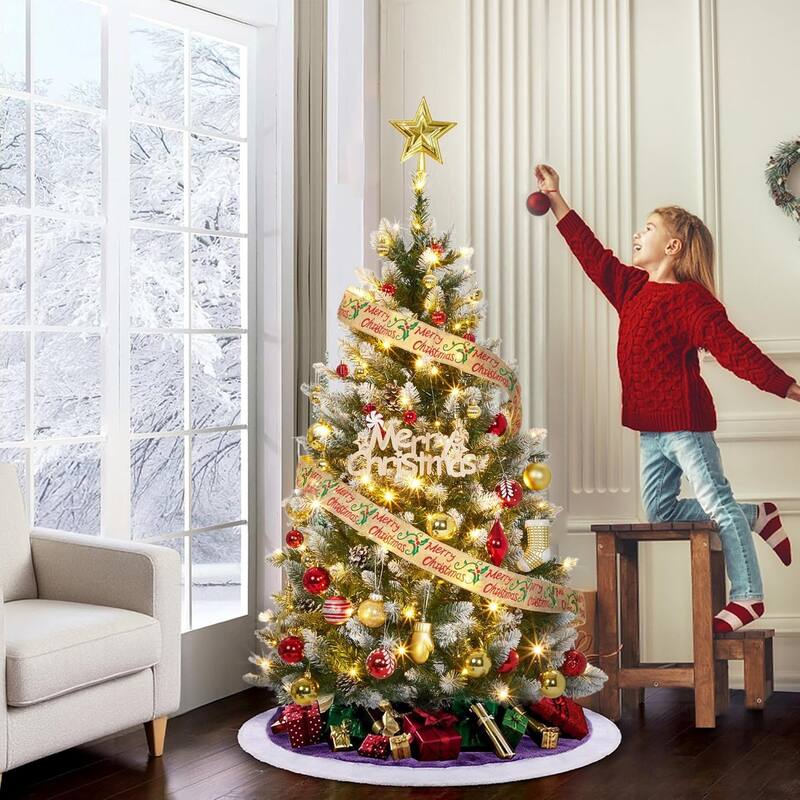 Christmas Tree, Pre-Lit 4.5 Ft Artificial Pine with LED Lights, Hinged Holiday Tree with Foldable Metal Base for Home - 6 Foot - Green