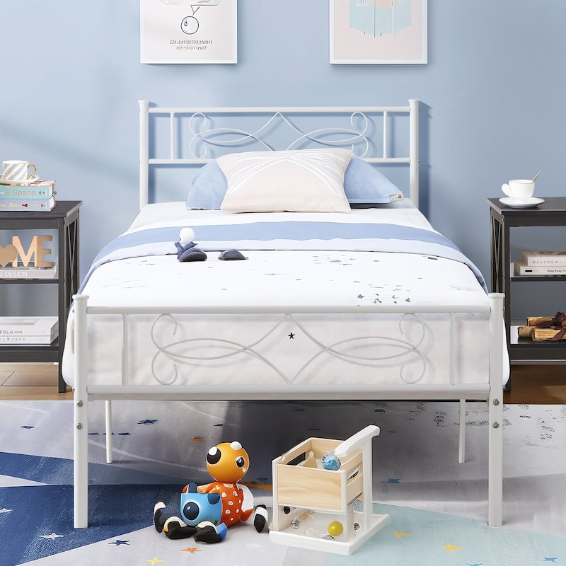 Metal Bed Frame with Headboard and Footboard- Twin/Full/Queen Size Bed - White - Twin