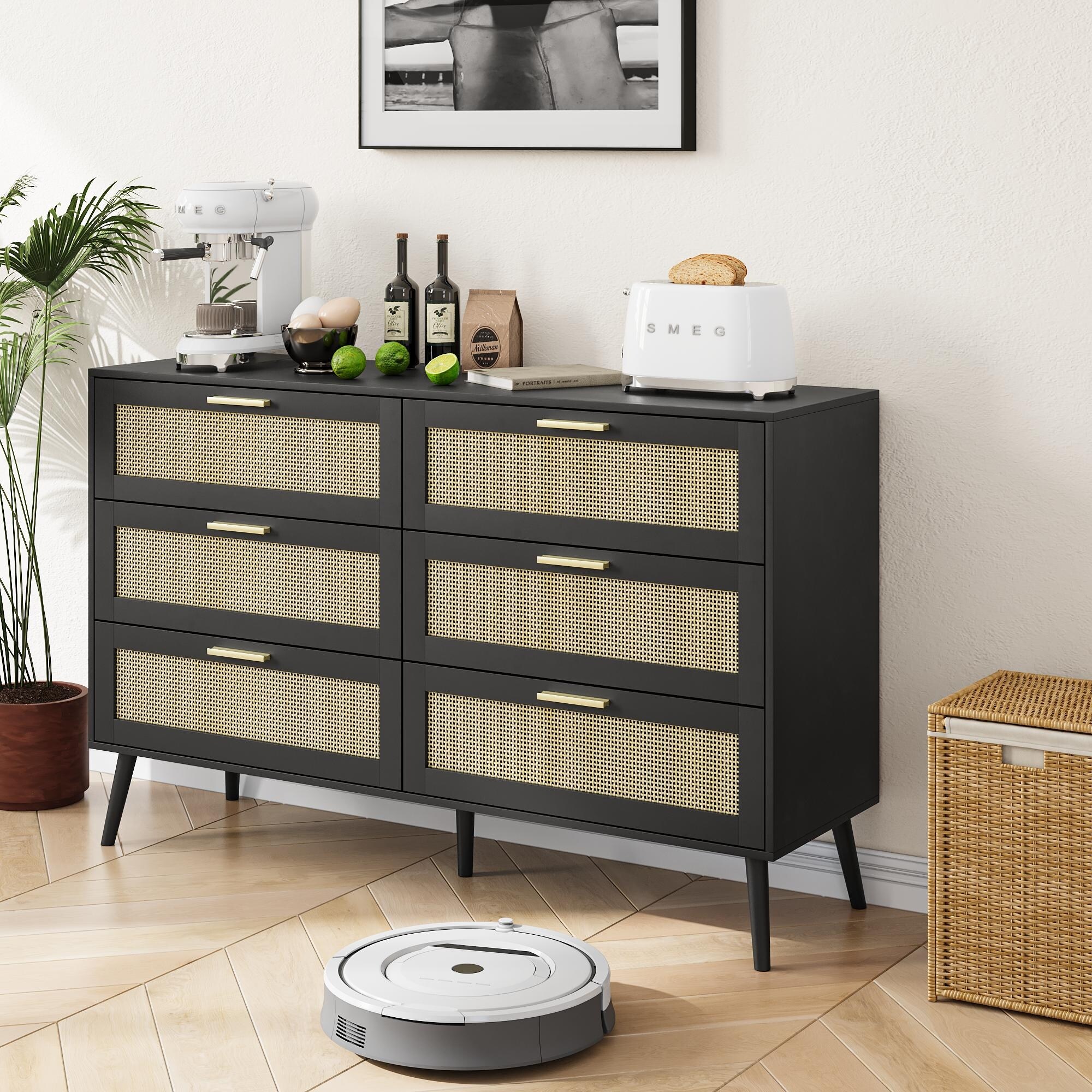 black wicker dresser 31 Inch Dresser Chest Cabinet 3 Drawers Woven Rattan Modern Black Gold