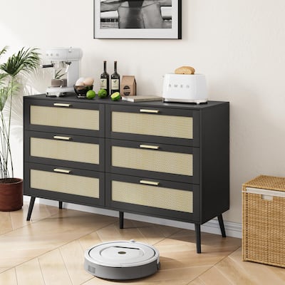 Rattan Doors 6 Drawer Dresser for Bedroom,Chest of Dressers with Gold Handles