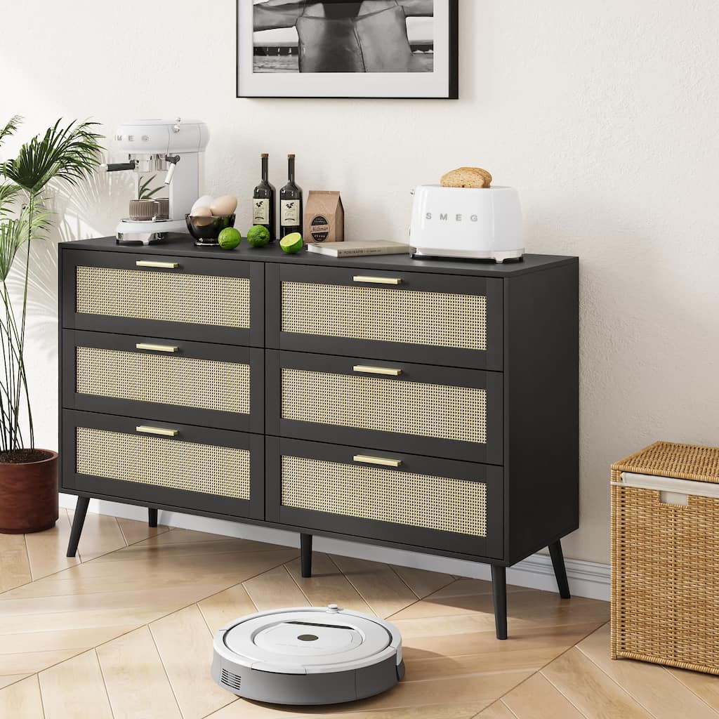 Rattan Doors 6 Drawer Dresser for Bedroom,Chest of Dressers with Gold Handles