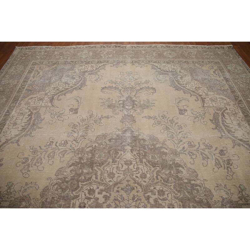 Hand Knotted Oriental 100% Wool Carpet Traditional Medallion Beige & Ivories Tabriz Area Rug - 12' 6'' X 9' 6''