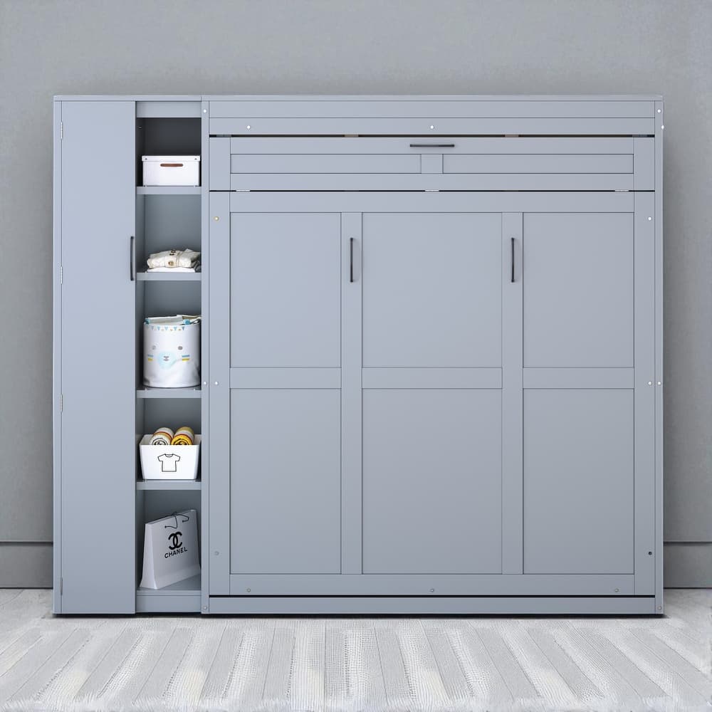 Full/Queen Size Murphy Wall Bed with Shelves, Wardrobe, LED Lights - Space-Saving Design