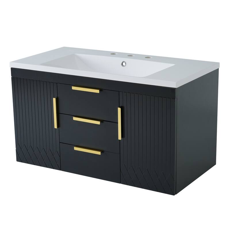 36'' Wall Mounted Bathroom Vanity with Resin Sink, Floating Bathroom Storage Cabinet with 2 Drawers, Solid Wood Bathroom Cabinet