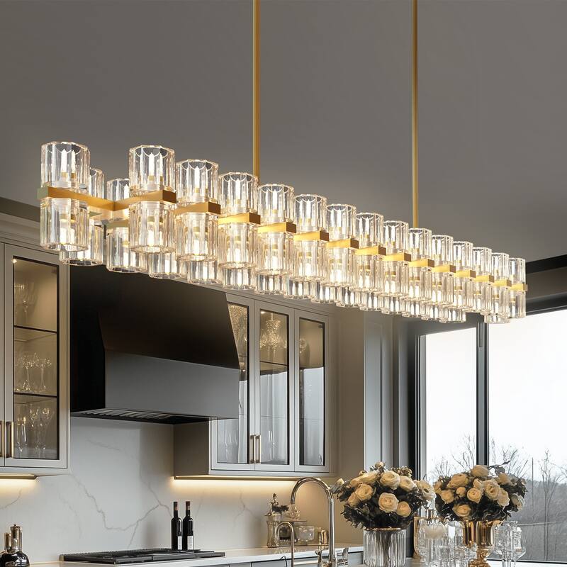 YANSUN 60-Light Brass Gold Crystal Chandelier, G4 LED, Modern Linear 3000K Warm