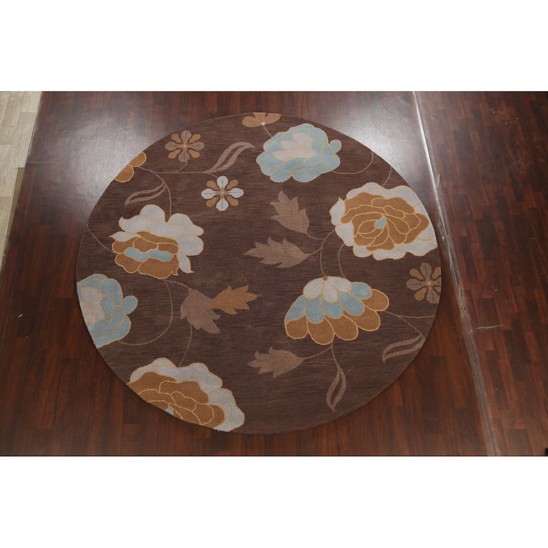 Brown Contemporary Floral Oriental Area Rug Hand-tufted Wool Carpet - 10'0" x 10'0" Round
