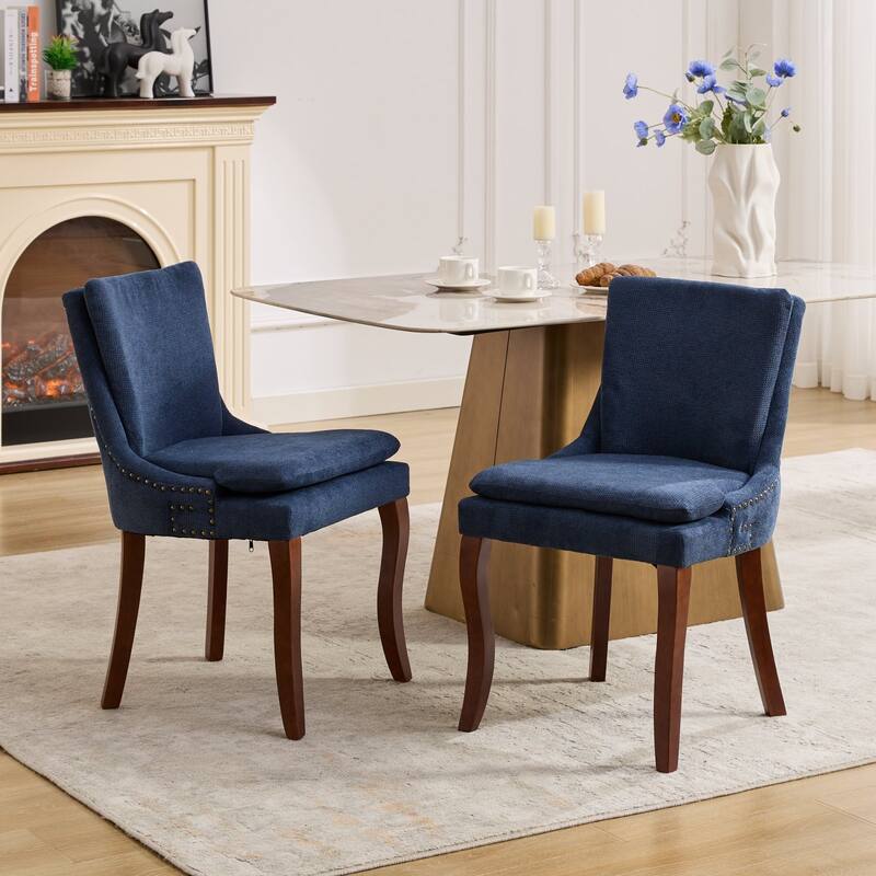Double-layer Cushioned Dining Chairs Set of 2 Chenille Mid-Back Chair with Nailhead Trim Side Chair with Bent Wood Legs