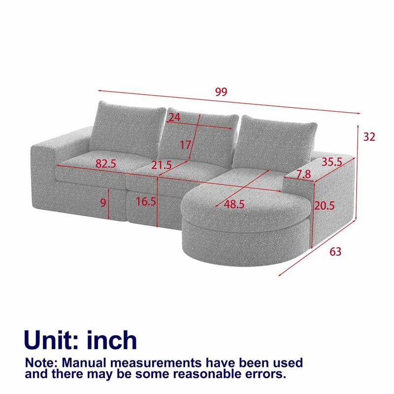 99-Inch Chenille Cloud Curved Sectional Sofa with Chaise, L-Shaped Modern Boneless Couch with Deep Seats,Sectional Sofa